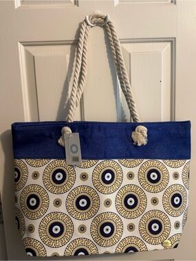 Greek Key Design Evil Eye Blue/Beige Themed 
22"x15" Tote
Imported from Greece